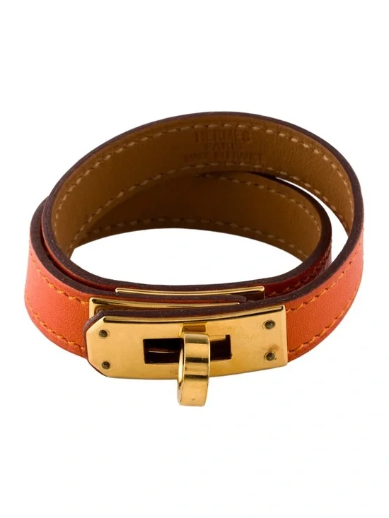 Hermes Kelly Double Tour Leather Bracelet Orange Gold Leather Bracelet - Picture 3 of 13